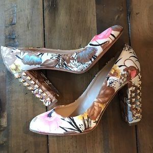 J crew made in Italy floral stud block heel shoes